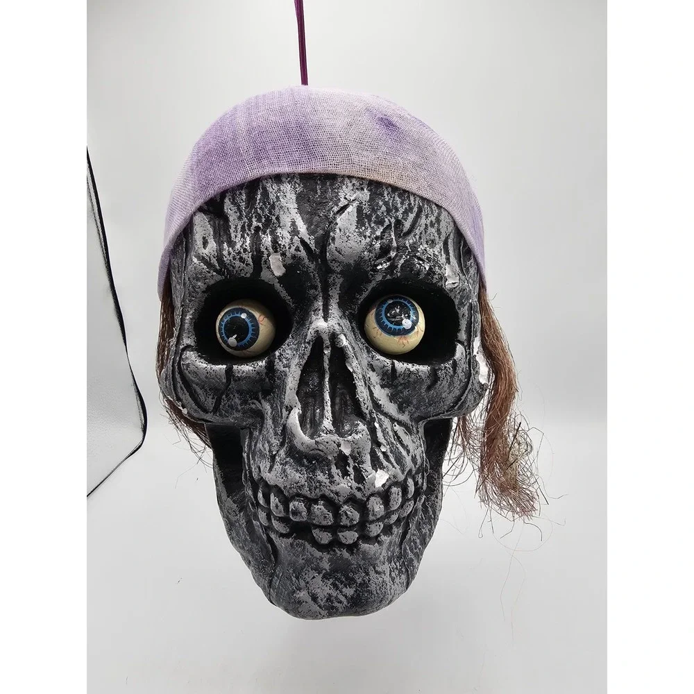 Vintage Hanging Skull Styrofoam Pirate Purple Cap Bulging Eyes Halloween Prop